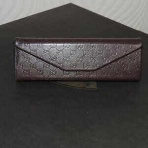 GUCCI Triangular Dark Brown Leather Embossed Logo Glasses Case w/Suede Lining